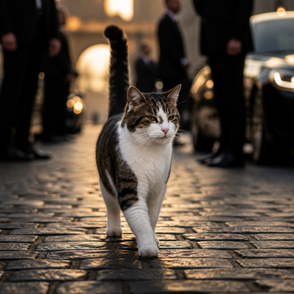 Larry walking down the center of a cobblestone street
